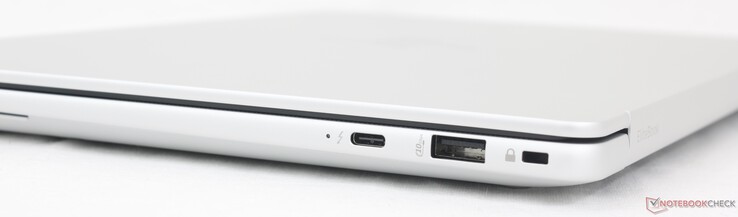 Right: USB-C Thunderbolt 4 w/ DisplayPort 2.1 + Power Delivery (40 Gbps), USB-A (10 Gbps), Security lock