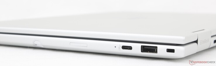Right: USB-C 3.2 Gen. 1 (10 Gbps) w/ DisplayPort 1.4 + Power Delivery, USB-A (5 Gbps), Security lock, Nano-SIM slot (optional)