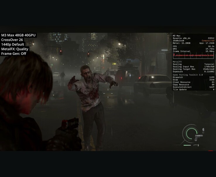 Resident Evil Requiem running on M3 Max Mac via CrossOver 26 at 1440p with MetalFX Quality showing about 50 FPS.