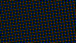 The OLED display uses an RGGB sub-pixel matrix consisting of one red, one blue and two green light-emitting diodes