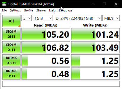 CrystalDiskMark 8 on something more commonly used for external storage, a Toshiba external HDD connected via USB 3.0. Note the major improvements in random reads and writes.