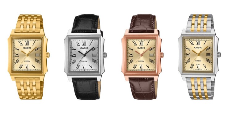 From left to right: the Casio MTP-B190G-9BV, MTP-B190L-7BV, MTP-B190RGL-9BV and MTP-B190SG-9BV watches