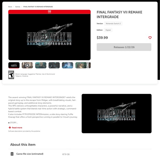 Final Fantasy 7 Remake Intergrade Nintendo eShop listing with file size (Image source: screenshot, Nintendo eShop)