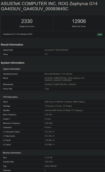 Ryzen 9 8945HS Geekbench listing (image via Geekbench)