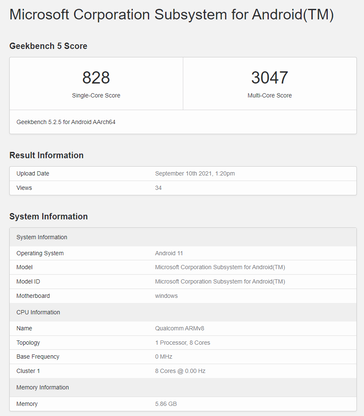 Geekbench listing of Windows 11 Android subsystem on ARM. (Source: Geekbench)