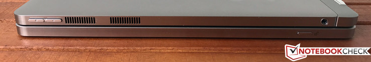Right side: volume, ventilation, 3.5 mm stereo jack (tablet), release (keyboard)