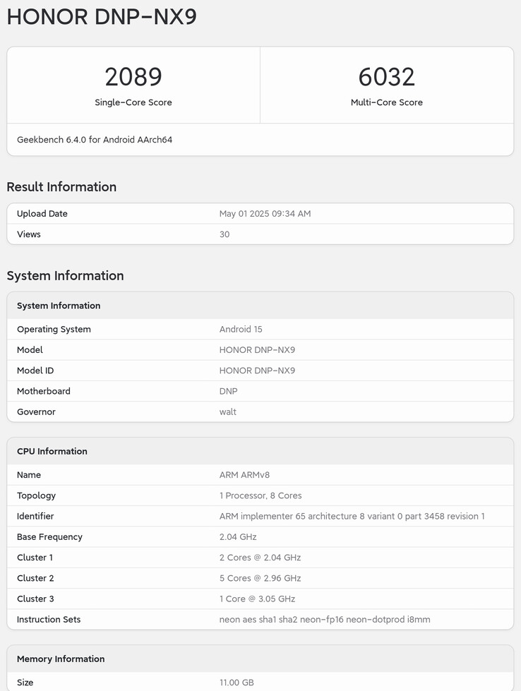 The "Honor 400 Pro" on Geekbench.  (Source: Geekbench via Digital Chat Station)