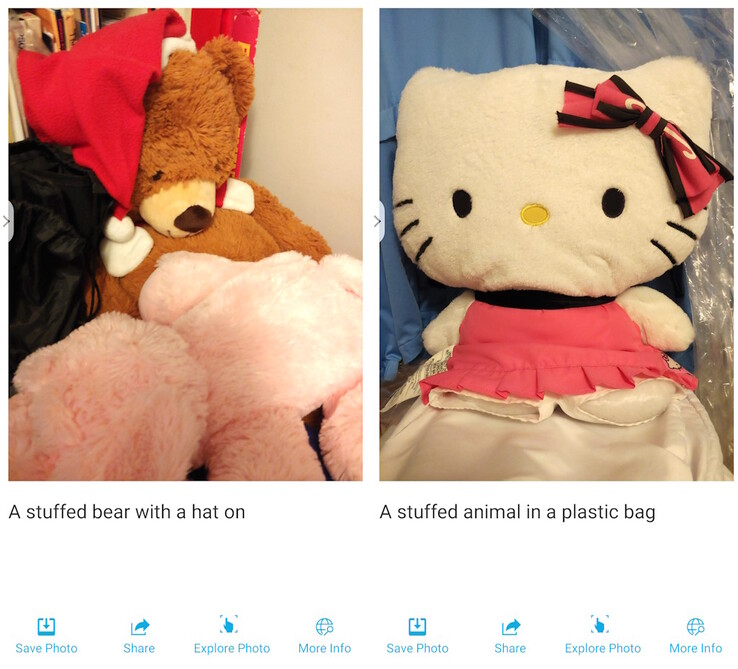 Seeing AI is very good at identifying stuffed toys, but gets confused if a plastic garment bag is next to one. (Source: Notebookcheck)