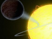An artist's illustration showing a star devouring a brown dwarf.