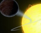 An artist's illustration showing a star devouring a brown dwarf.