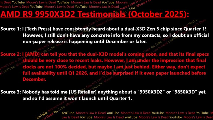 AMD Ryzen 9 9950X3D2 release date leak. (Image source: Moore's Law Is Dead)