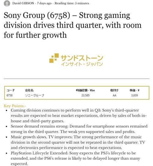 Machine-translated David Gibson highlights on possible PS6 release date delay (Image source: screenshot, Sandstone Insights)