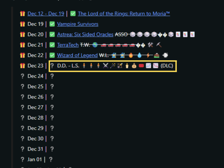 The clue has the the abbreviation "D.D.-L.S.", multiple emojis including people, a sword, magic, bow and arrow, candle, moneybags, a flag banner and graph/stocks, and the hint "DLC". (Image source: Reddit)