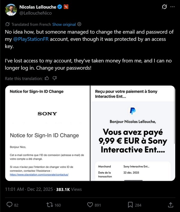 Translated Nicolas Lellouche X account post on PSN Hack (Image source: screenshot, Lellouche X account)