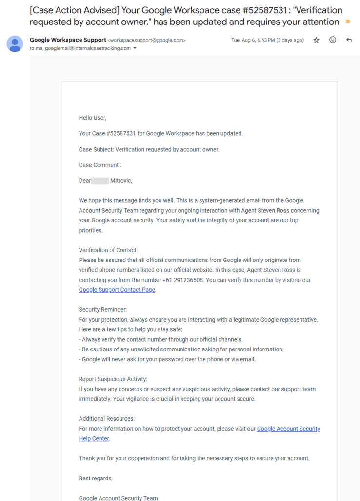The email Sam Mitrovic received following his conversation with the AI-driven scam caller. Even the sender looks to be from a Google domain. (Image source: Sam Mitrovic)