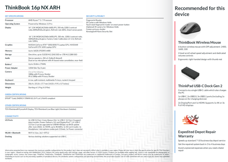 Lenovo ThinkBook 16p NX specifications
