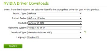GT 1010 indicated on the NVIDIA driver download page. (Source: NVIDIA)