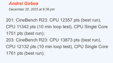 Cinebench R23 benchmark results before (201) and after (203) the BIOS update (Image source: UltrabookReview)