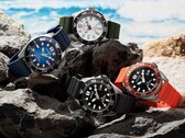 Four Citizen Promaster Marine dive watches in white, black, blue, and orange colorways displayed on rocks by the seaside.