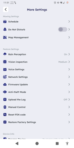 Extended settings menu