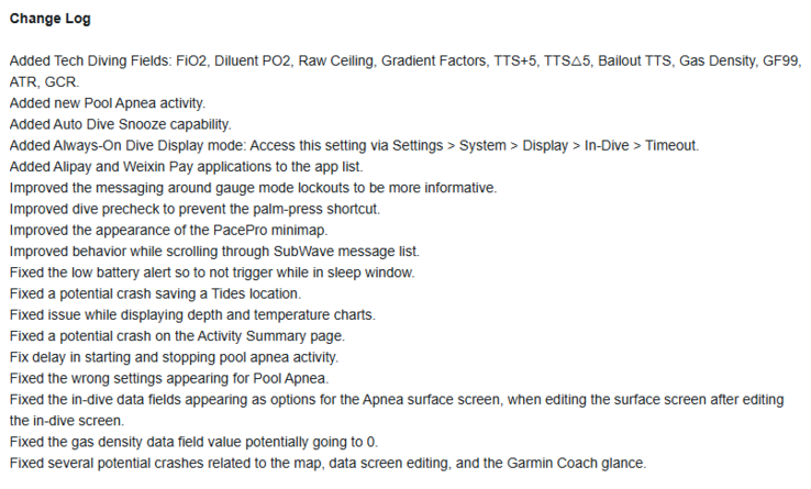 The change log for software version 19.49 for the Garmin Descent Mk3 series wearables. (Image source: Garmin)