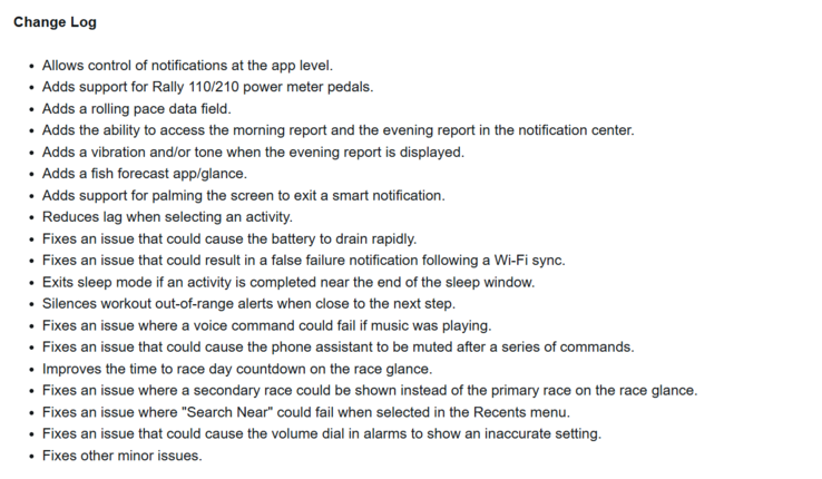 The release notes for beta version 15.05 for the Garmin Forerunner 570 and Forerunner 970 smartwatches. (Image source: Garmin)