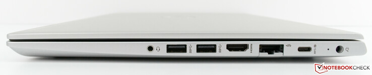 Left: combined audio, 2x USB 3 Type-A, HDMI 1.4b, RJ-45, USB 3.1 Type-C Gen1 with power delivery and DisplayPort, power supply