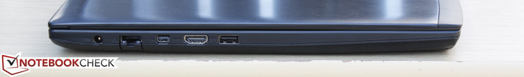 Left: AC adapter, Gigabit RJ-45, mDP, HDMI, USB 3.0