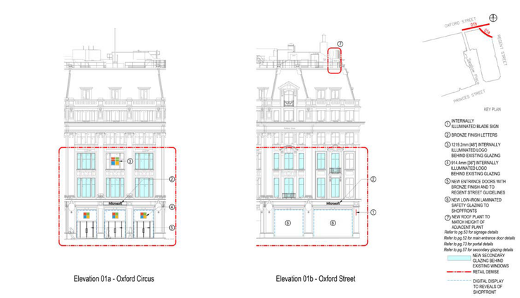 Drawings of how the proposed Microsoft Store in London will look from the outside (Source: City of Westminster Council)