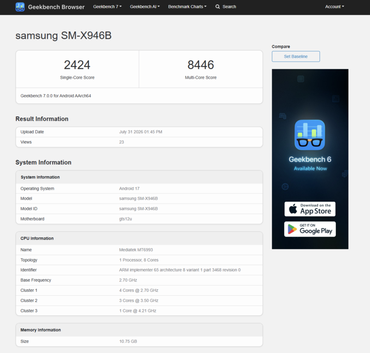 The MediaTek Dimensity 9500 inside scores 2,424 in single-core and 8,446 in multi-core tests, with 12GB of RAM in the unit tested.