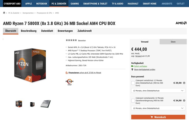 The AMD Ryzen 7 5800X is not very well-positioned in Germany