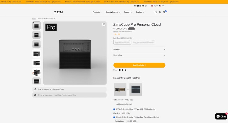 On the official website, the ZimaCube Pro is sold out and normally costs $1,099 with 16 GB of RAM