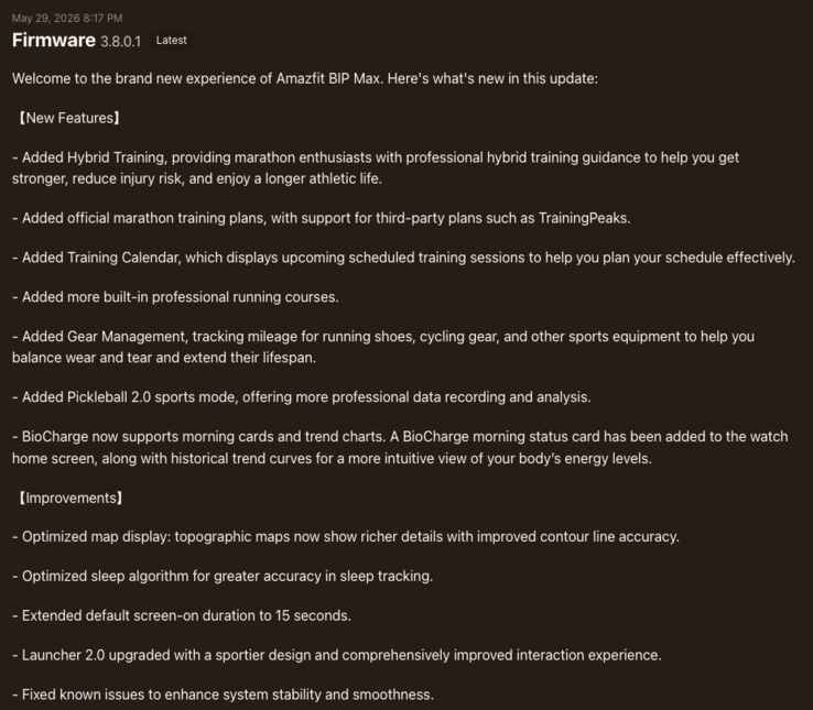 The release notes for Amazfit Bip Max fw 3.8.0.1