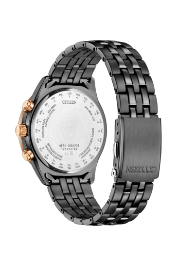 The back of the Citizen Eco-Drive-BY1036-53L showcasing the black stainless steel band and the UTC city codes on the case back.