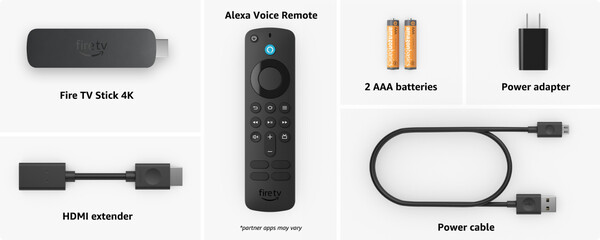 All three streaming sticks come with an HDMI extender, power adapter, and batteries for the remote. (Image source: Amazon)