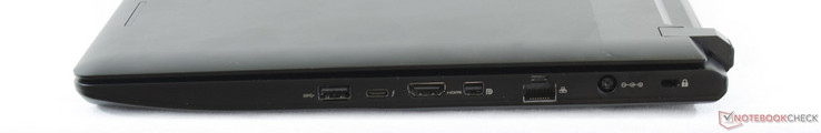Right: USB 3.0, Thunderbolt 3, HDMI 2.0b, mDP 1.4, Gigabit Ethernet, AC adapter, Kensington Lock