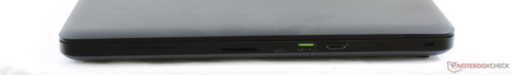 Right: SD reader, USB Type-C + Thunderbolt 3, USB 3.0, HDMI 2.0, Kensington Lock