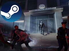RoboCop: Rogue City is set between the events of RoboCop 2 and RoboCop 3 movies. Screenshot of the game with Steam logo over it. (Image source: Nacon/Teyon, edited)