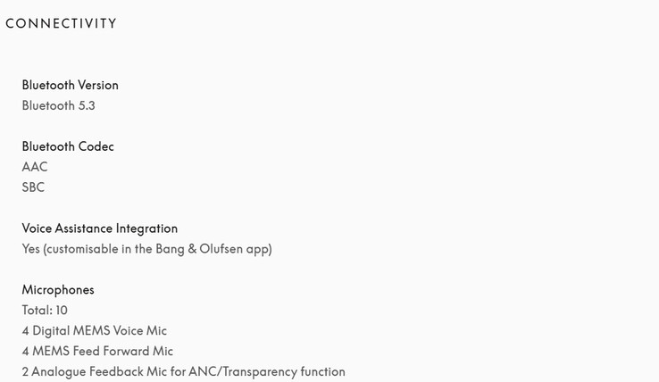 Bang & Olufsen's US product page now only lists AAC and SBC support. (Image source: Bang & Olufsen)