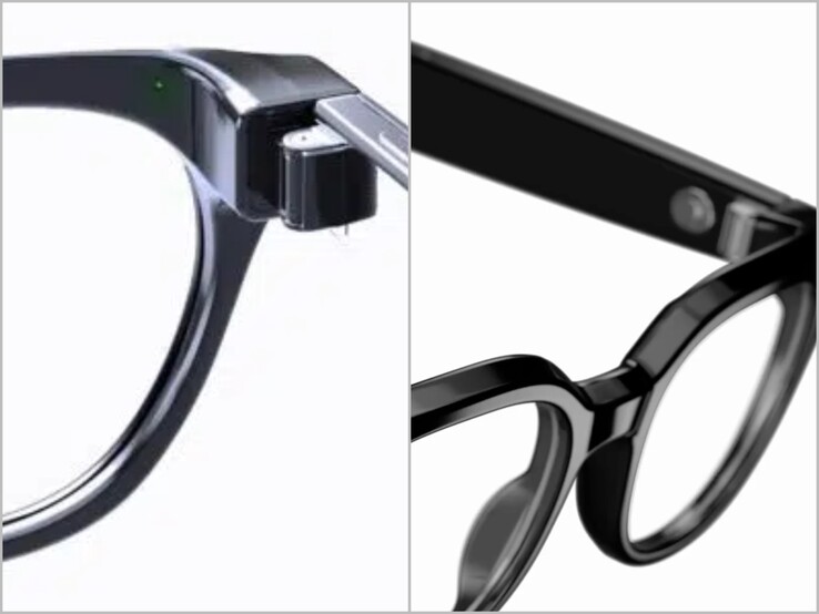 LED indicator on the inside of the frame (left) and closeup of the Warby Parker Galaxy Glasses. 