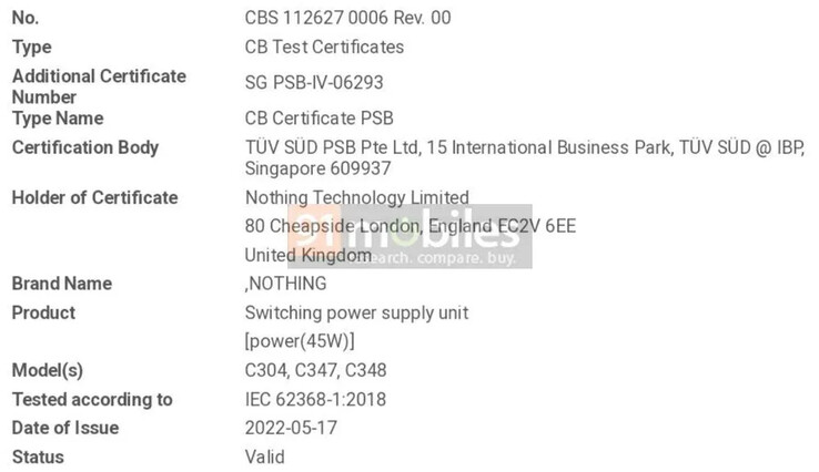 Nothing allegedly gets its first ever power brick certified. (Source: 91Mobiles)
