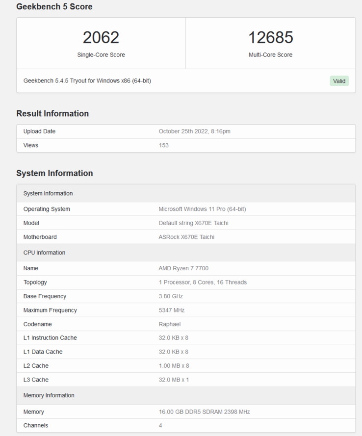 AMD Ryzen 7 7700 Geekbench listing (image via Geekbench)