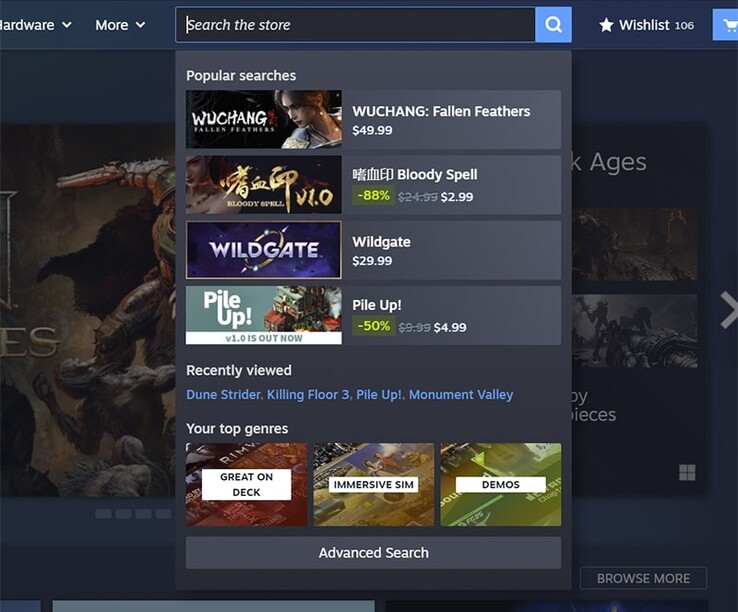 The new search function now also displays popular search queries from other users. (Image source: Steam)