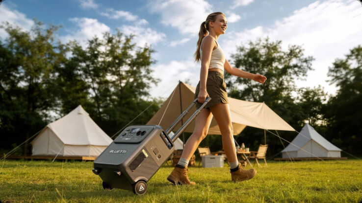 The telescopic handle and wheels make it easy to transport the Bluetti Elite 400.