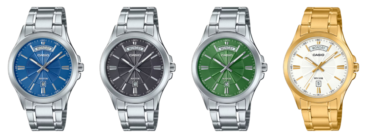 From left to right: the Casio MTP-1381D-2AV, MTP-1381D-3AV, MTP-1381D-8AV, and MTP-1381GD-7AV. (Image source: Casio)