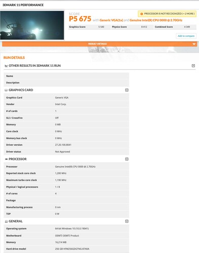 Alleged Surface Laptop with Tiger Lake-U CPU clocked at 2.7 GHz (Source: 3DMark)