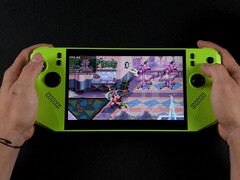 MSI Claw A8 handheld gaming console in green, playing Teenage Mutant Ninja Turtles: Shredder’s Revenge, with on-screen performance metrics showing low TDP and battery draw. (Image source: ETA Prime on YouTube)