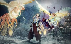 Nioh 2 screenshot with flaming magical bird and female fighter in the foreground