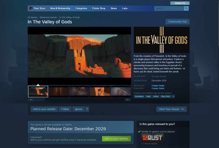 'In the Valley of Gods' has a tentative release date of December 2029 on Steam. (Image source: Steam)