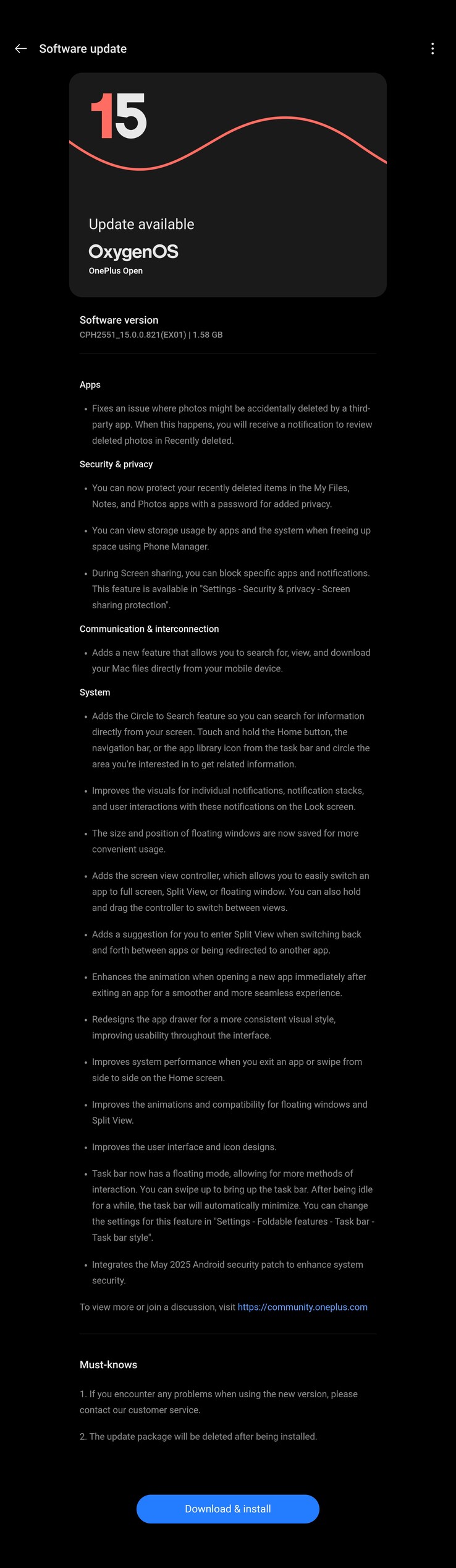 The full OxygenOS 15.0.0.821 changelog. (Source: OnePlus)